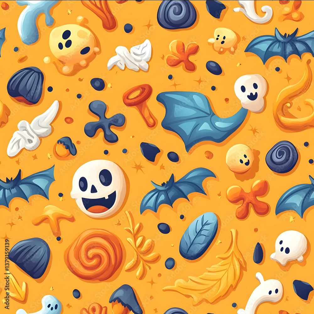 Halloween style wallpaper amber background with dark blue decoration and Halloween patterns such as rainbow wave scattered around vibrant colors to convey a fe Halloween style wallpaper amber background with dark blue decoration and Halloween patterns such as rainbow wave scattered around vibrant colors to convey a fe