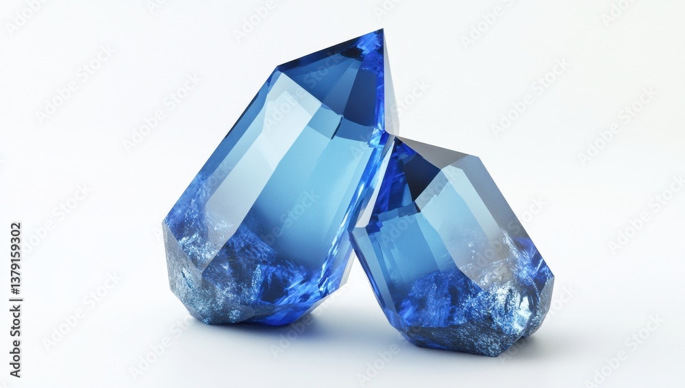 Two vibrant,faceted,blue crystals,resting on a white surface. Detailed,transparent forms with internal structure Two vibrant,faceted,blue crystals,resting on a white surface. Detailed,transparent forms with internal structure