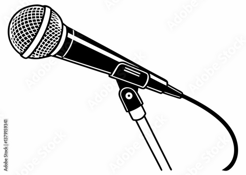 Microphone on stand black and white vector drawing for live performance or podcast concept

