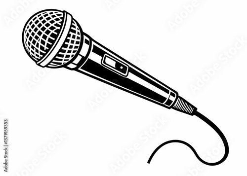 Dynamic wired microphone with cable black and white vector drawing for stage or studio use

