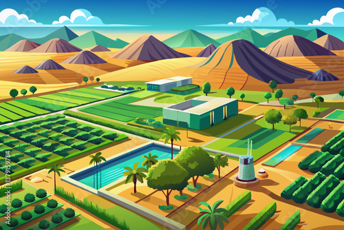 vector of Aerial view of a vast, lush green farm amidst the arid desert landscape in the United Arab Emirates, showcasing modern irrigation systems and crop