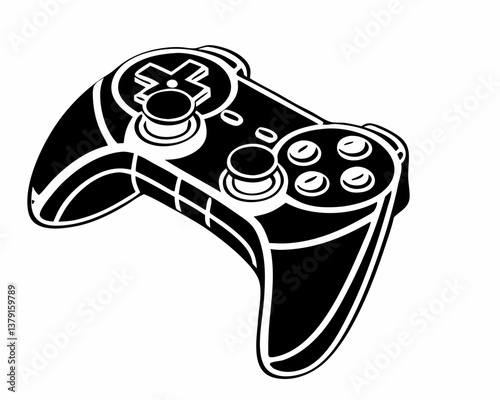 Modern gaming controller vector black and white drawing with buttons and joysticks silhouette

