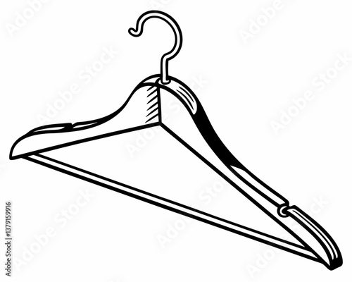 Stylized wooden clothes hanger vector black and white drawing with outline isolated design

