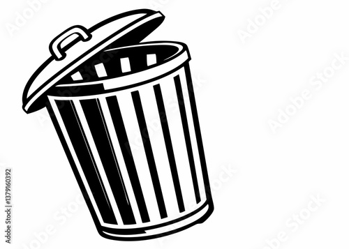Open trash bin with tilted lid black and white vector drawing isolated on white

