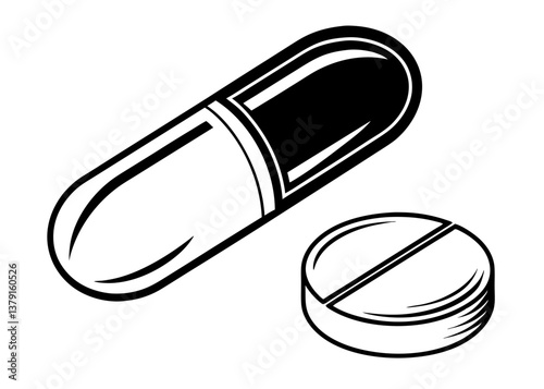 Medical capsule and round tablet black and white vector drawing isolated on white background

