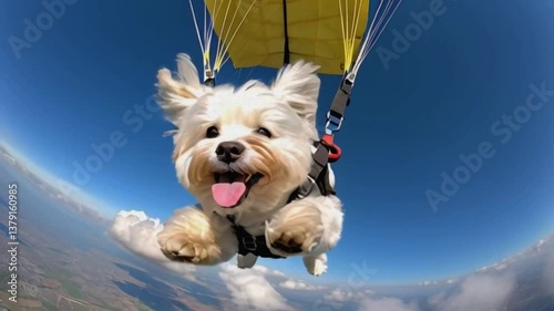 happy dog ​​flies with a parachute, wind blows fur