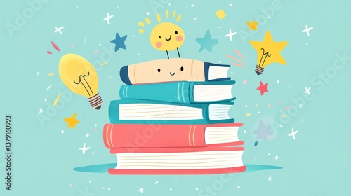 Colorful books and lightbulbs; educational concept; children's illustration; learning resources; back-to-school photo
