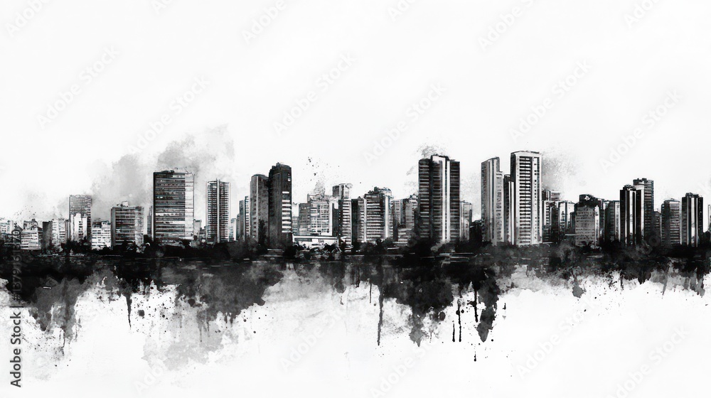 Fototapeta premium Black and White City Skyline Watercolor Painting