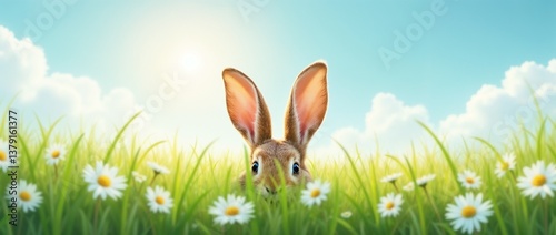 A charming scene featuring a rabbit peering through a field of daisies under a bright blue sky. The idyllic setting conveys a sense of springtime, nature, and playful curiosity.

