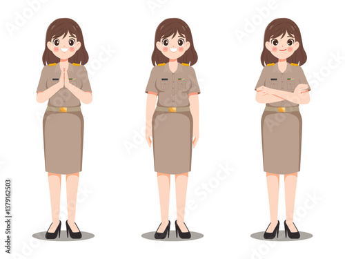Set of cute cartoon people in khaki uniform public thai government worker character.