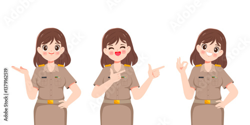 Set of cute cartoon people in khaki uniform public thai government worker character.