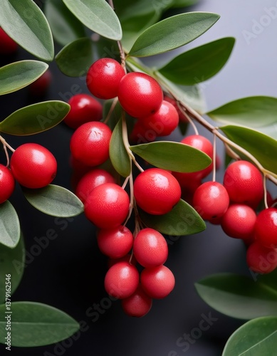 Vibrant coralberry branch displaying clustered red berries nestling amid verdant green foliage, contrasting sharply against deep shadowy background photo