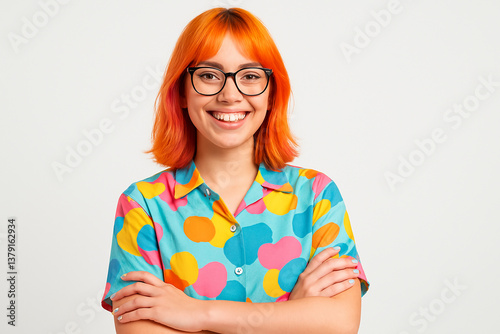 Smiling young woman teenager with orange hair wearing glasses smiling with multi-colored shirt photo