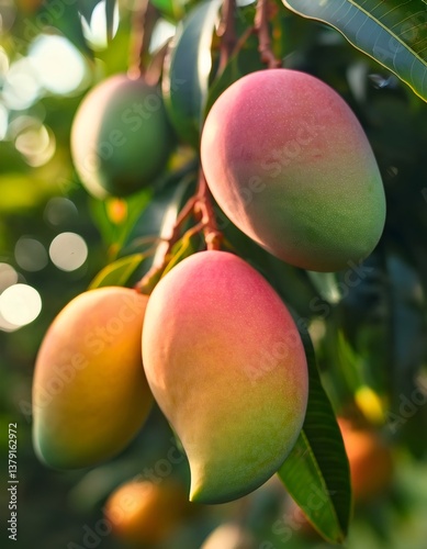 Colorful ripe mangoes hanging on tree branch, sunlight streaming through green leaves, highlighting natural fruit abundance
