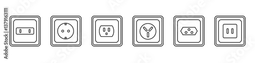 Set of socket icons in linear style. International socket types, different types of connectors. High voltage electricity. Current converter.
Vector illustration.