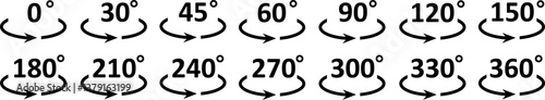 Set of 90, degree angle icons. Rotate 180 degrees. Transport angle 360, 270, 45. Rounded arrow sign. Mathematical, geometric symbols. Full rotation of the pointer. Vector illustration.