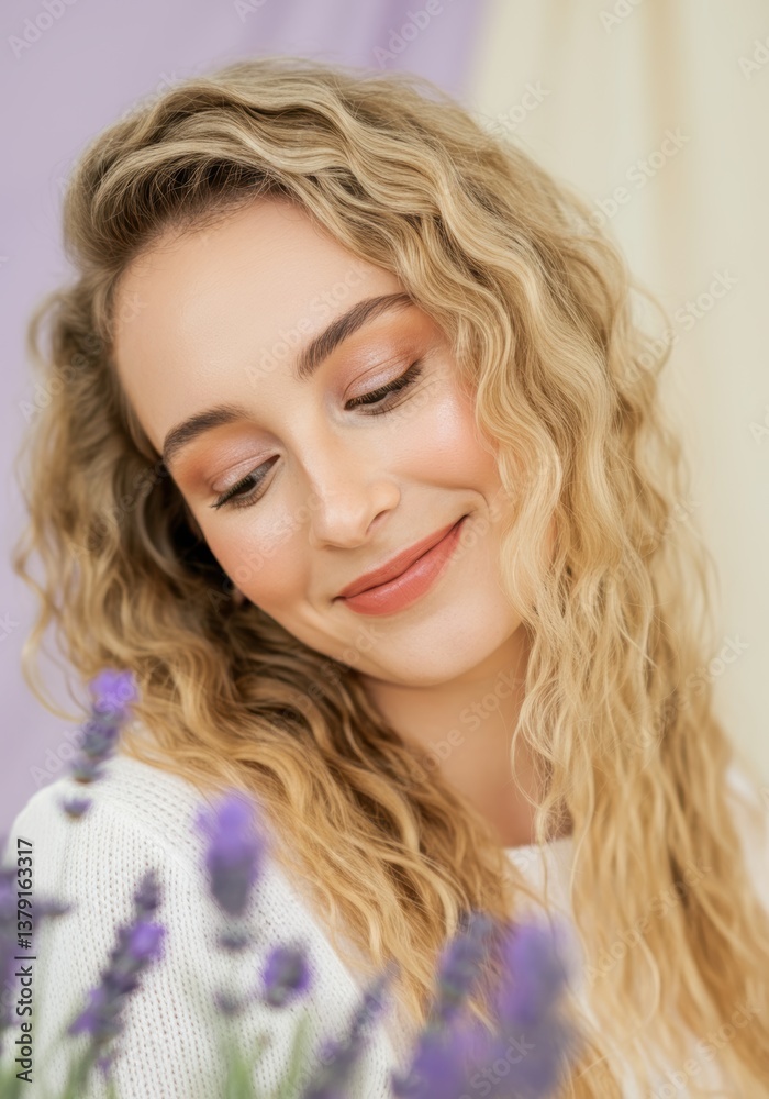 Young caucasian female with curly blonde hair and lavender flowers Young caucasian female with curly blonde hair and lavender flowers