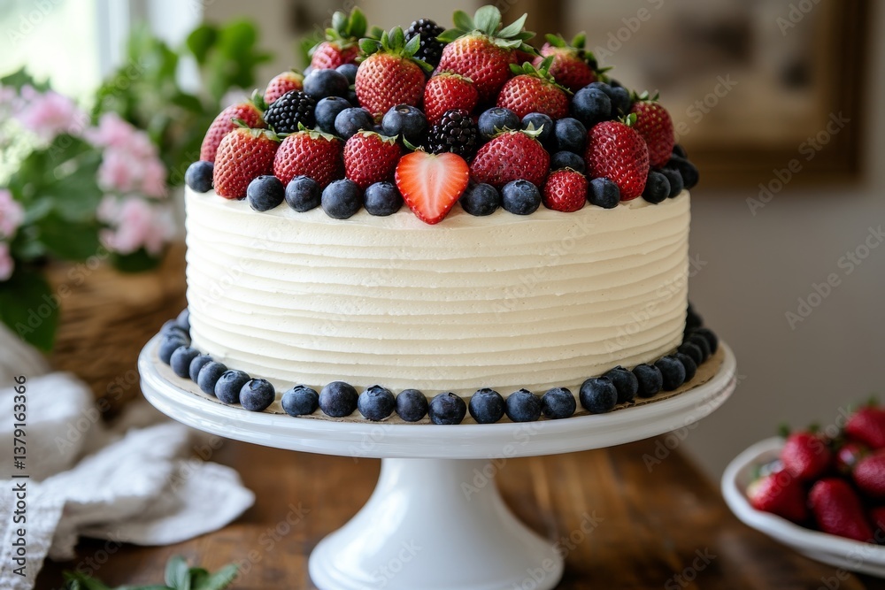 Summer berry naked cake with fresh strawberries and blueberries on white cake stand