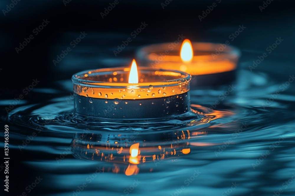 Row of lit tea candles reflecting on water surface with dark background