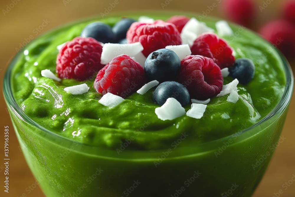 Vibrant matcha smoothie bowl with coconut flakes and berries