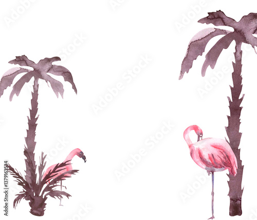 Watercolor frame with palm trees and pink flamingo. Watercolor illustration of Tropical landscape. Silhouette of tropical tree and bird. Summer tropical designs for invitation, card, cosmetic package