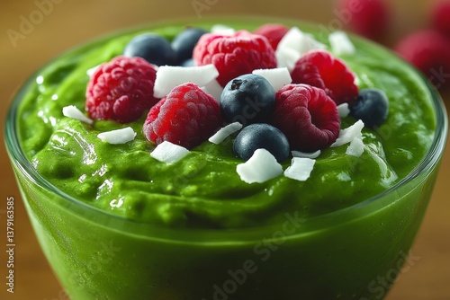 Obraz na płótnie Vibrant matcha smoothie bowl with coconut flakes and berries w salonie