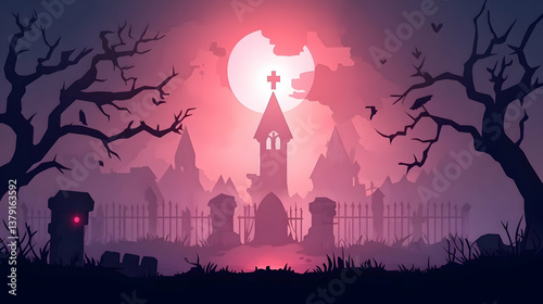 Eerie Pixel Art of Spooky Cemetery with Gothic Church at Misty Night with Full Moon and Dead Trees