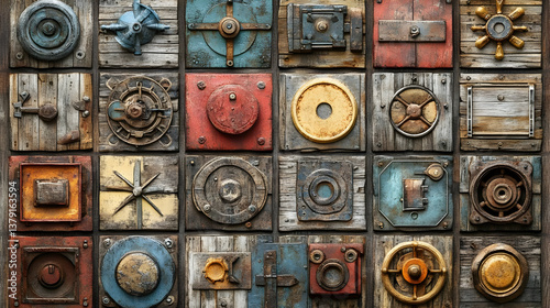 Eclectic Collage of Varied Geometric Patterns and Textures Featuring Distressed Wood Aged Metal Surfaces and Rustic Industrial Elements in a Detailed Square Mosaic