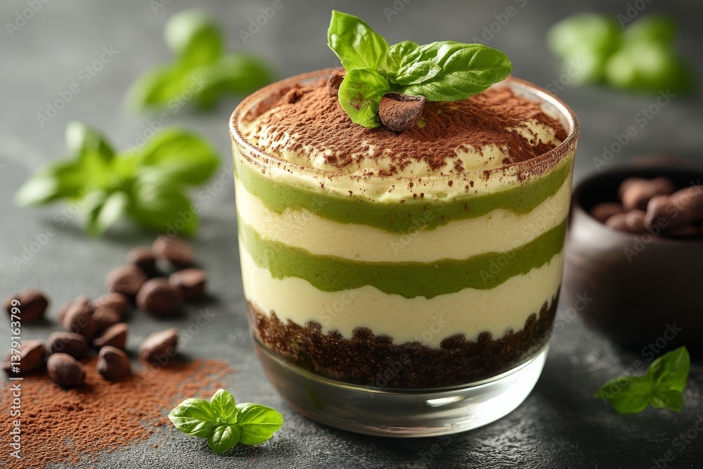 Matcha tiramisu with layers visible in glass serving cup, sprinkled with cocoa powder
