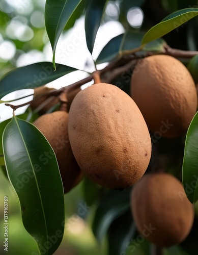 Ripe sapodilla hanging on tree branch, enveloped by verdant foliage, highlighting tropical fruit's organic texture and rich coloration