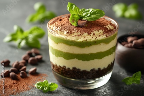 Obraz na płótnie Matcha tiramisu with layers visible in glass serving cup, sprinkled with cocoa powder w salonie