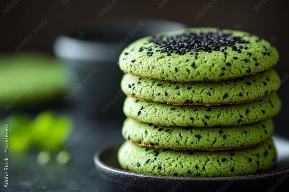 Stack of matcha cookies with black sesame seeds against dark background