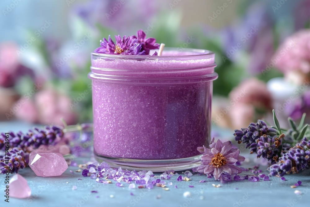 Scented lavender candle in glass jar with dried flowers and crystals