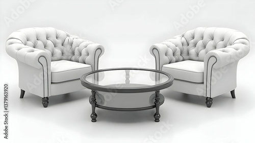 Elegant White Chesterfield Chairs and Glass Table on White Background in Studio Setup for Luxury Interior Design and Comfortable Living Room Decor