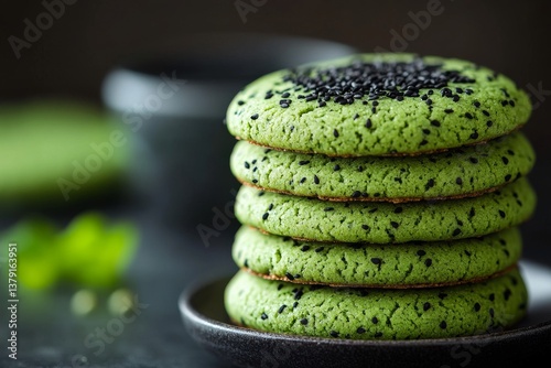 Obraz na płótnie Stack of matcha cookies with black sesame seeds against dark background w salonie