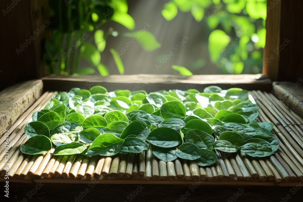 Matcha green tea leaves drying on bamboo mat with morning sunlight