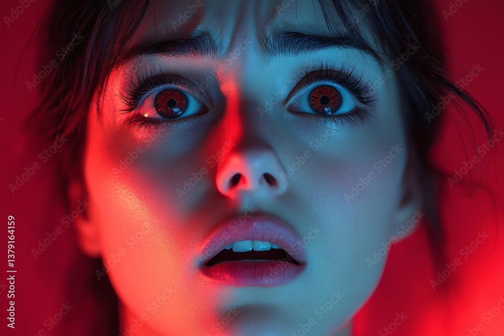 Wide-eyed fear expression of woman with parted lips and raised eyebrows against red background