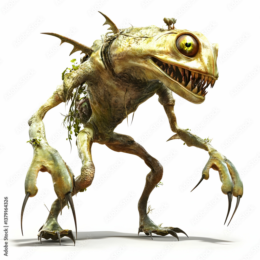 Fototapeta premium Fierce Creature with Sharp Claws and Yellow Eyes Isolated Against a White Background Revealing Intricate Scales and Menacing Features