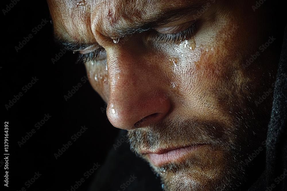 Man's face with tears streaming down in deep sorrow against black background