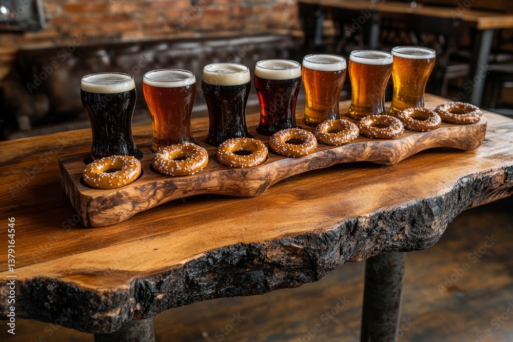 Rustic wooden bar table with craft beer flight and pretzel board