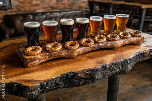 Obraz na płótnie Rustic wooden bar table with craft beer flight and pretzel board w salonie