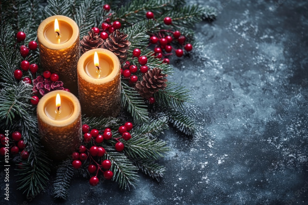 Holiday evergreen wreath with golden candles and red berries