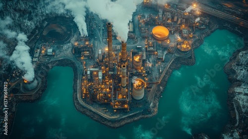 An extensive energy generation and extraction facility located near a water body features towering chimneys emitting smoke. photo