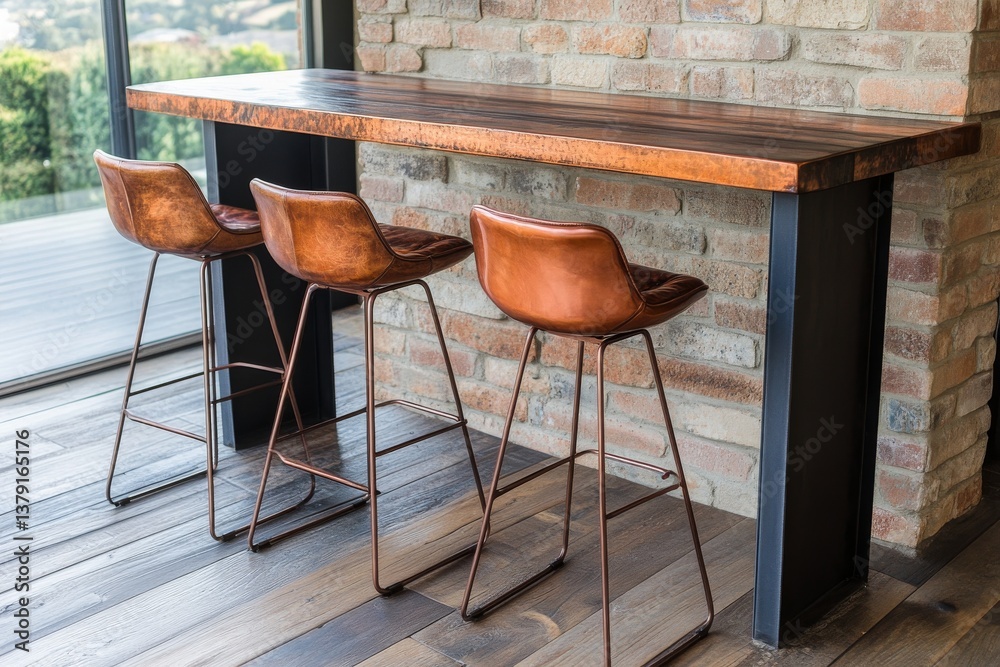 Modern minimalist high bar table with copper stools against exposed brick wall