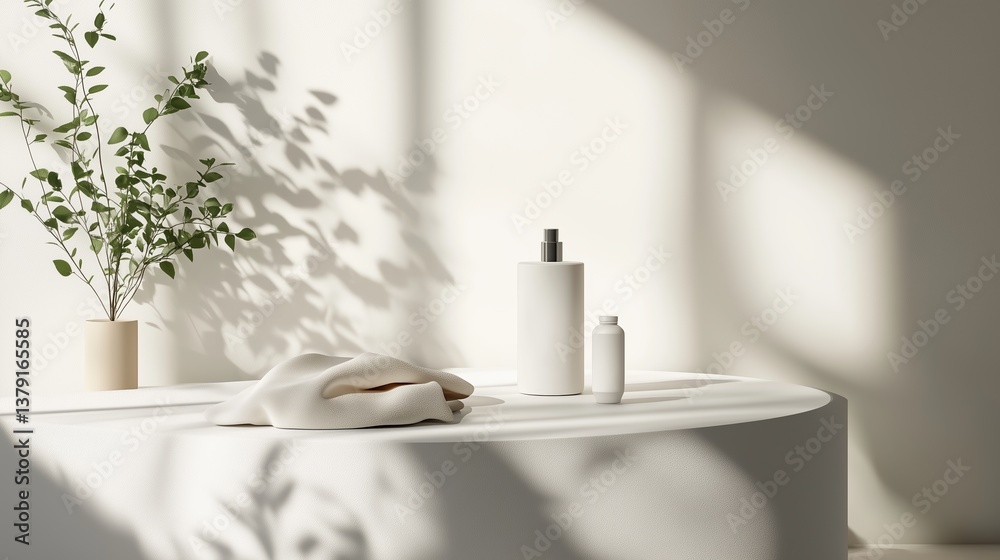 Fototapeta premium Minimalist home decor with plants and white objects creating soothing atmosphere in natural light
