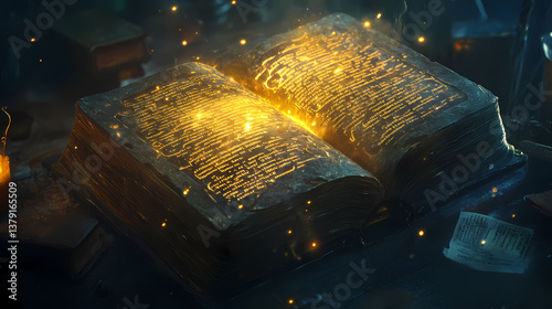 A gothic-style ancient book of forgotten vocabulary words glowing with mysterious runes. Forgotten Runes. Illustration photo