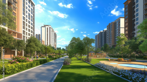 Modern residential district with green park.