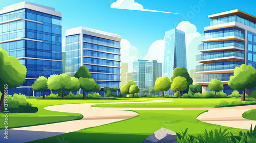 Illustration of a modern district with multi-story buildings.