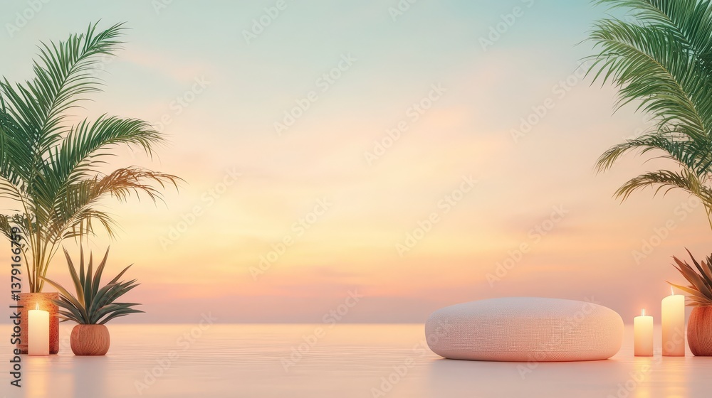 Obraz premium Tranquil outdoor scene with palm trees, candles, and a soft sunset sky reflecting on water.