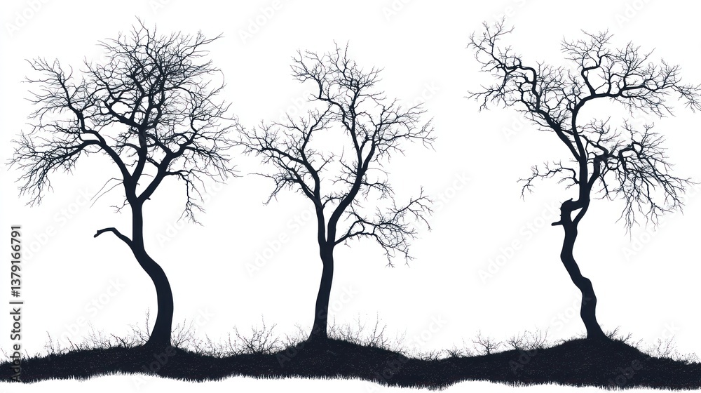 Fototapeta premium Silhouettes of Leafless Trees Against White Background